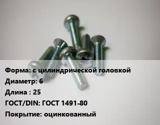 Винт с цилиндрической головкой 6х25 ГОСТ 1491-80 оцинкованный